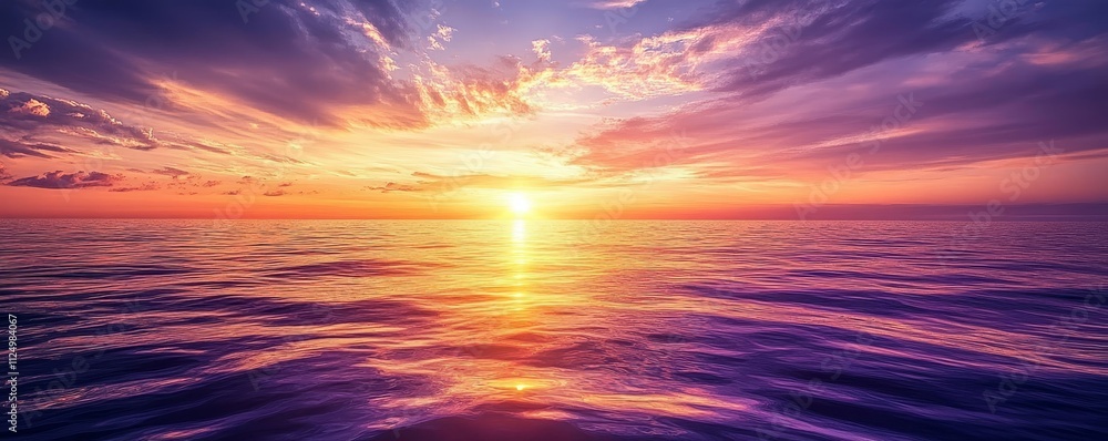 sunset over a calm ocean with streaks of purple and gold, Generative AI sunset over a calm ocean with streaks of purple and gold, Generative AI