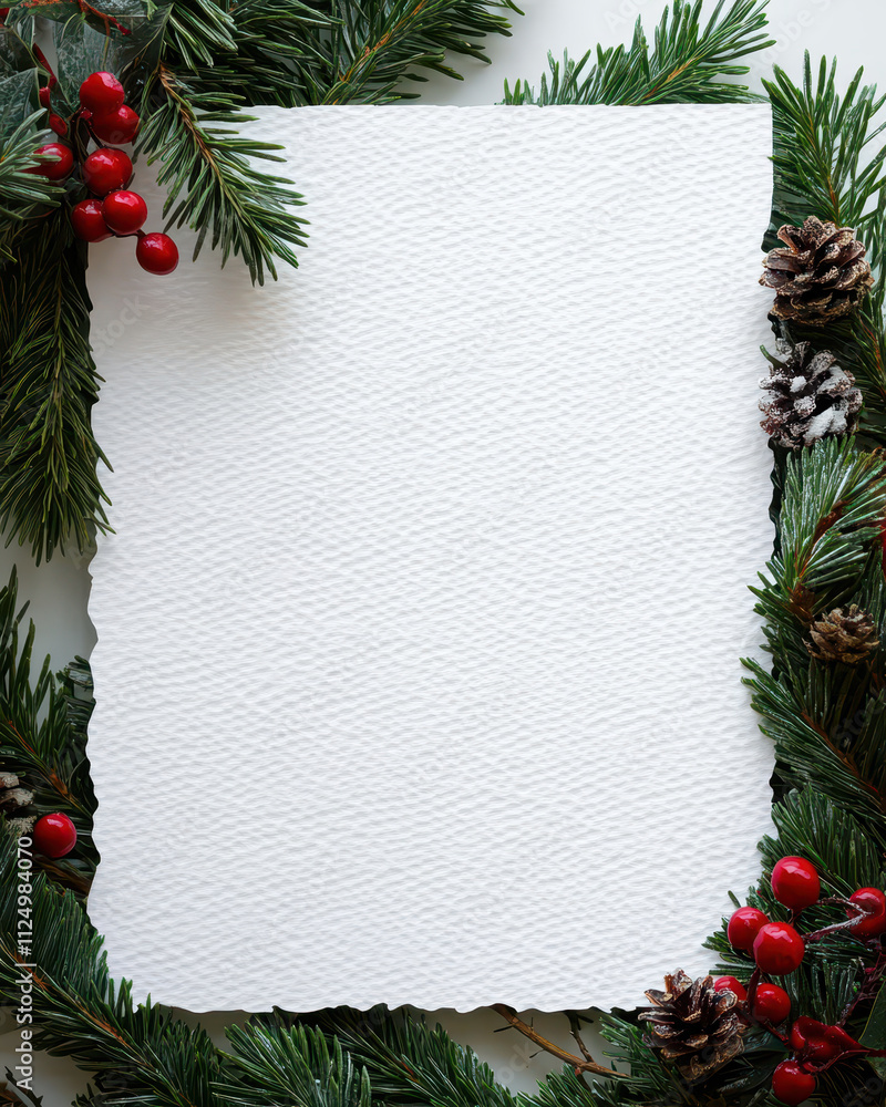 White textured paper framed by festive Christmas greenery and red berries White textured paper framed by festive Christmas greenery and red berries