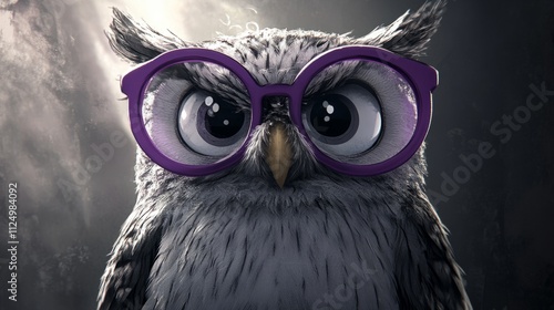 Owl in black and white illustration with big purple glasses, generative ai photo