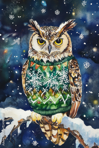 A curious owl in a green Christmas sweater with snowflake designs, perched on a snowy branch under a starlit sky, captured in vibrant watercolor. photo