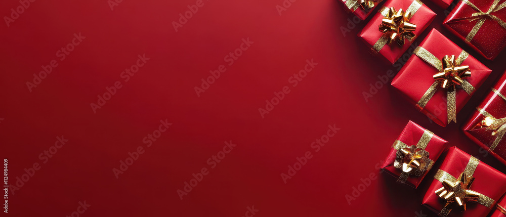 Red background with festive gift boxes wrapped in gold ribbons, perfect for celebrations Red background with festive gift boxes wrapped in gold ribbons, perfect for celebrations