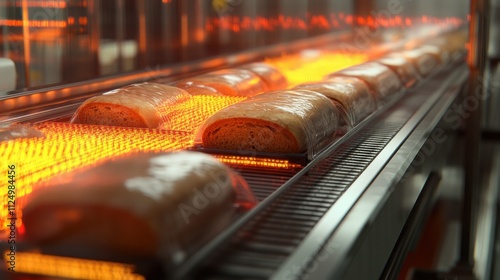 Fully automated bread slicing and packaging line, freshly baked loaves entering slicers, sealed bags emerging at the end photo