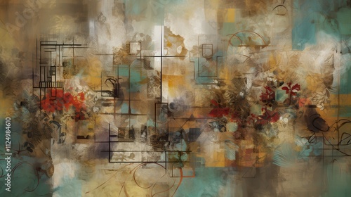 Abstract art painting with earthy tones and geometric shapes.