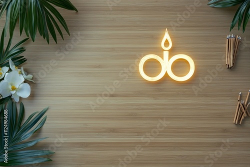 A serene image of a glowing Aum symbol carved into a wooden altar, surrounded by incense sticks and fresh flowers photo