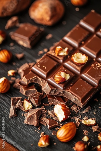 close-up of chocolate bar broken into pieces with chunks of hazelnuts placed on dark wooden background