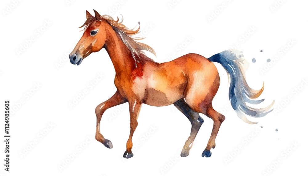 Obraz premium Watercolor Chestnut Horse Galloping Wild Animal Equine Art Ranch Farm Stable
