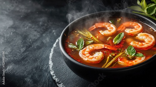 steaming bowl of tom yum soup with prawns lemongrass and chili oil styled on dark slate background photo