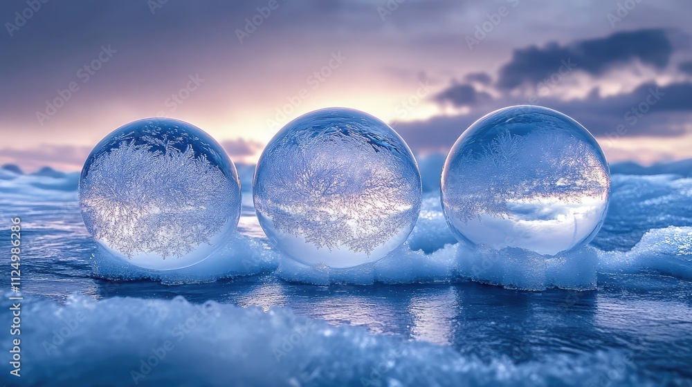 Abstract composition of frozen bubbles beneath ice, with overlapping spherical shapes creating depth and natural symmetry Abstract composition of frozen bubbles beneath ice, with overlapping spherical shapes creating depth and natural symmetry