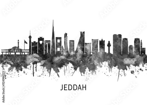 Jeddah Saudi Arabia Skyline BW, landscape watercolor abstract painting travel illustration urban art modern downtown landmarks skyscrapers artwork photo