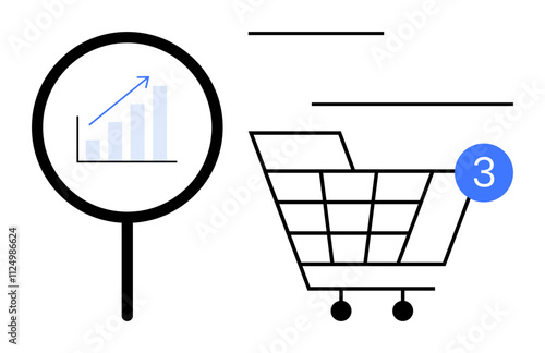 Magnifying glass focusing on a growth chart with an upward arrow, next to a shopping cart featuring a number 3 notification. Ideal for business analysis, market research, online shopping, e-commerce