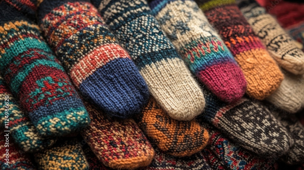 Close-up of a collection of warm, colorful knitted items, including gloves, hats, and sweaters. Close-up of a collection of warm, colorful knitted items, including gloves, hats, and sweaters.
