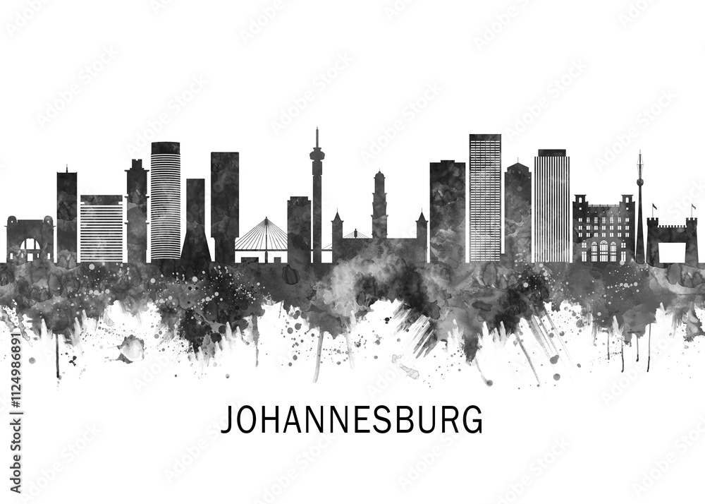 Obraz premium Johannesburg South Africa Skyline BW, landscape watercolor abstract painting travel illustration urban art modern downtown landmarks skyscrapers artwork
