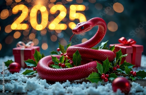 Red snake with holly, berries, and snow surrounded by gift boxes. Sparkling 2025 lights in background. Festive and vibrant concept photo