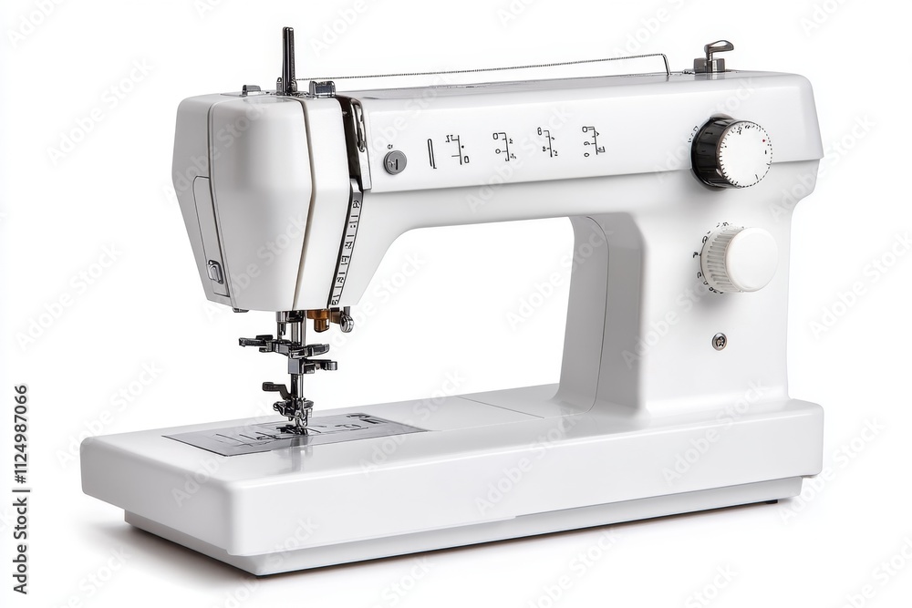 A sleek modern sewing machine isolated on a clean white background, showcasing its compact design and advanced features for professional stitching A sleek modern sewing machine isolated on a clean white background, showcasing its compact design and advanced features for professional stitching