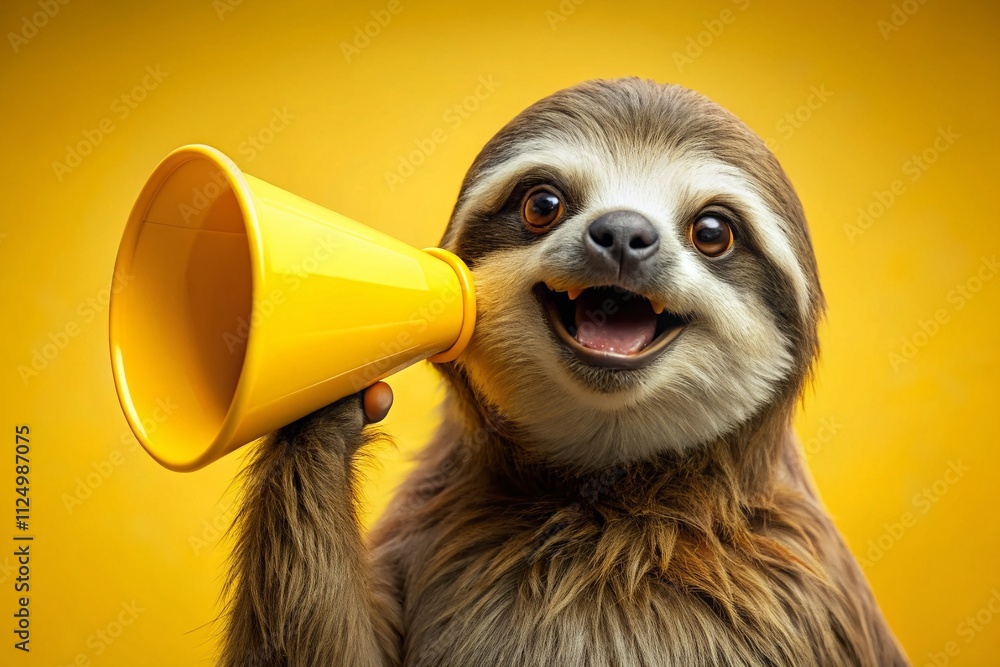 Fototapeta premium Cheerful Sloth with Yellow Megaphone on Solid Yellow Background - Low Light Photography Capturing Joy and Whimsy in Nature