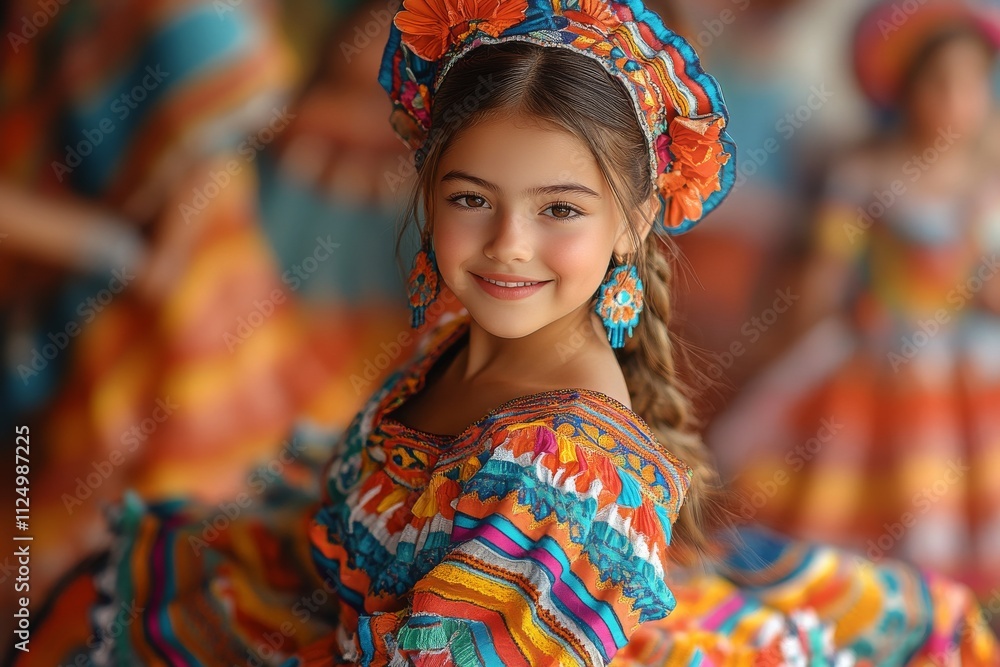 A young girl dressed in a colourful folklore dress dancing to music. Generative AI A young girl dressed in a colourful folklore dress dancing to music. Generative AI