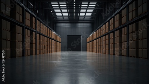 Wallpaper Mural A spacious warehouse with tall shelving units lined with boxes, illuminated by overhead lights, leading to a dark door at the end. Torontodigital.ca