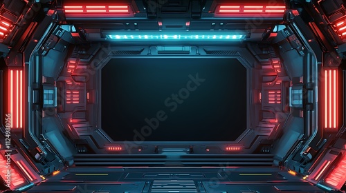 Fototapeta Naklejka Na Ścianę i Meble -  Futuristic spaceship interior with red and blue neon lights.