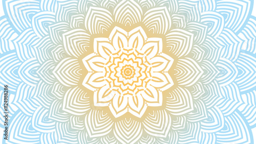 Round mandala on dreamy peach fuzz gradient background. Translucent mesh pattern in the form of a mandala. Mandala with floral patterns. New Year 2025