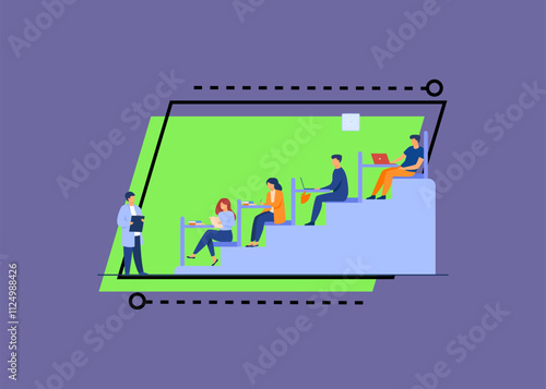 College students sitting at desks in classroom and listening to teacher. Vector illustration for higher education, university, classroom concept