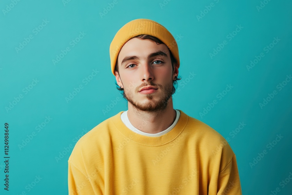 Young Man in Yellow Sweater and Beanie Against Blue Background Young Man in Yellow Sweater and Beanie Against Blue Background