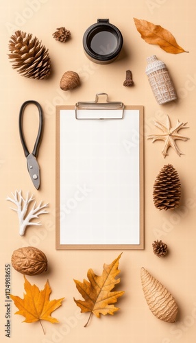 Autumn themed flat lay with leaves, pinecones, and a blank clipboard for notes or creativity.