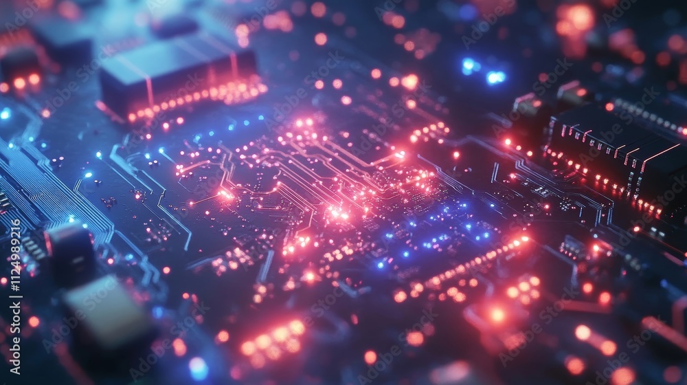 Fototapeta premium high-tech circuit board with pulsing electric currents, Generative AI