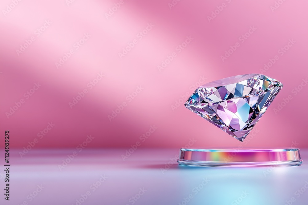 A vibrant 3D illustration of a loose diamond spinning in the air, with dynamic prismatic effects creating rainbows around it A vibrant 3D illustration of a loose diamond spinning in the air, with dynamic prismatic effects creating rainbows around it