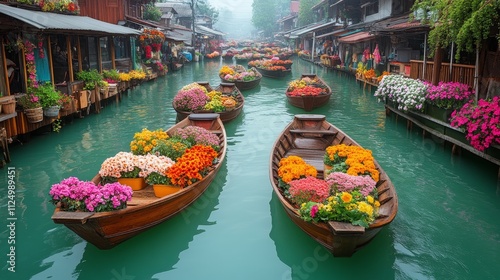 Vibrant flower-laden boats navigating a serene floating market landscape