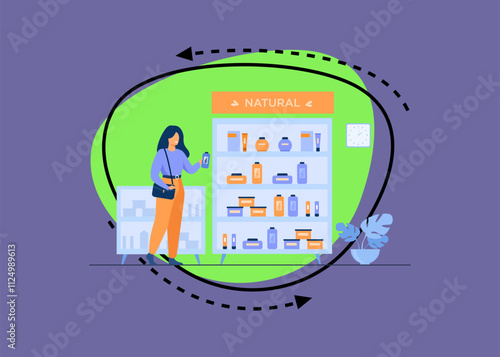 Girl choosing eco beauty products in cosmetics shop, standing at case with creams and lotions and taking shampoo bottle. Flat vector illustration for skincare, body care, cosmetology concepts