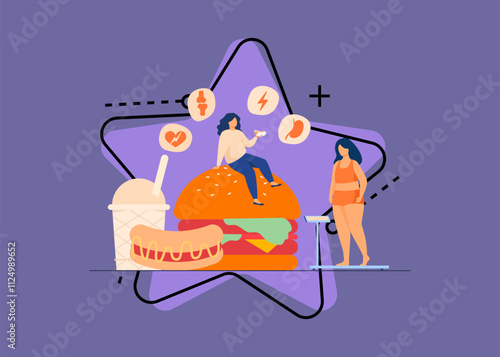 Fat woman keeping unhealthy diet, eating junk food, having high cholesterol and health problem. Vector illustration for fitness, obese people diseases, overweight concept.