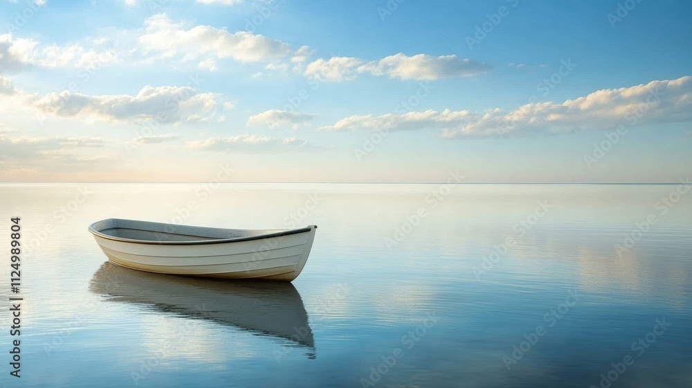A small boat rests peacefully on still waters under a soft blue sky, reflecting serene tranquility at dawn. Generative AI A small boat rests peacefully on still waters under a soft blue sky, reflecting serene tranquility at dawn. Generative AI