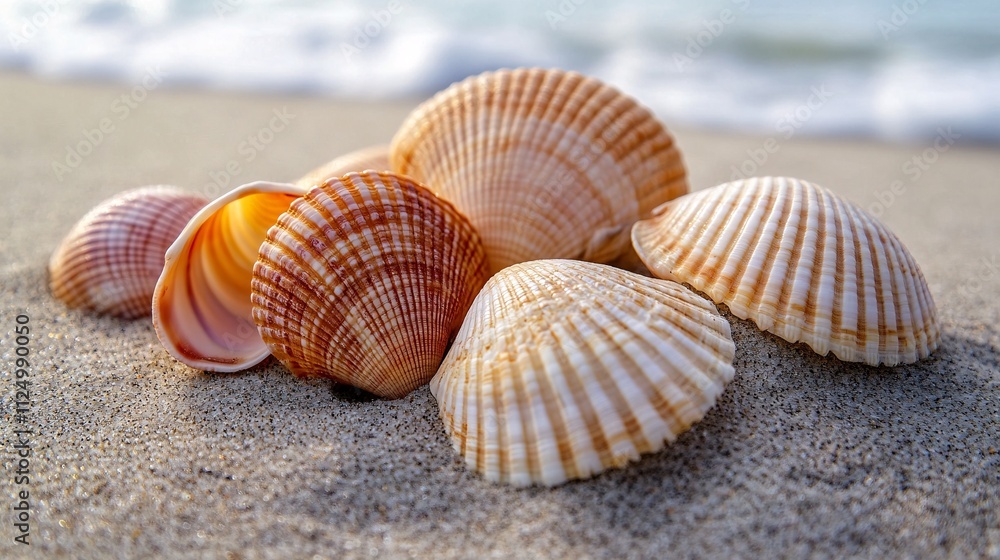 Close-Up of Seashells on Sandy Beach with Ocean Waves in the Background Close-Up of Seashells on Sandy Beach with Ocean Waves in the Background