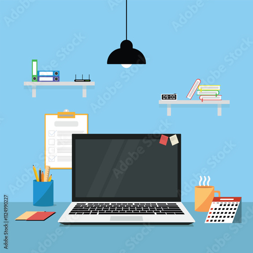 illustration of a modern home office desk setup. Features an open laptop, stationery in a blue cup, a steaming orange coffee mug, a clipboard, and a calendar on a blue tabletop