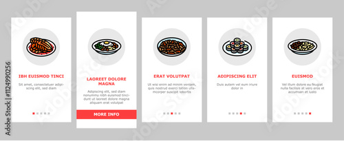 korean cuisine food asian onboarding mobile vector korea menu, noodle top meal, bibimbap rice, topokki soup, chicken, healthy, dish korean cuisine food asian illustrations