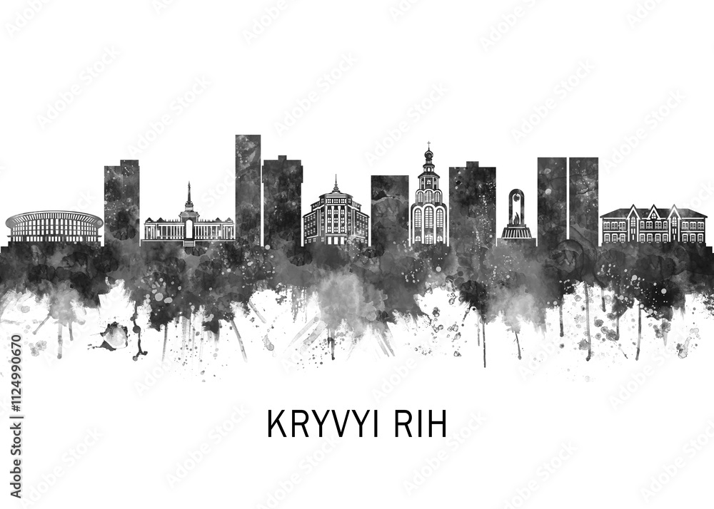 Kryvyi Rih Ukraine Skyline BW, landscape watercolor abstract painting travel illustration urban art modern downtown landmarks skyscrapers artwork Kryvyi Rih Ukraine Skyline BW, landscape watercolor abstract painting travel illustration urban art modern downtown landmarks skyscrapers artwork