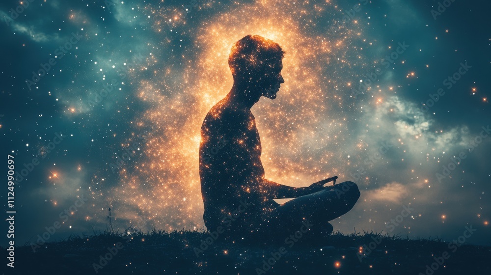 Meditating Man Silhouette in Cosmic Space Inner Universe Digital Art Tranquil Environment Side View Mindfulness Concept Meditating Man Silhouette in Cosmic Space Inner Universe Digital Art Tranquil Environment Side View Mindfulness Concept