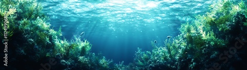 Underwater scene with lush seaweed and rays of sunlight penetrating the water's surface.