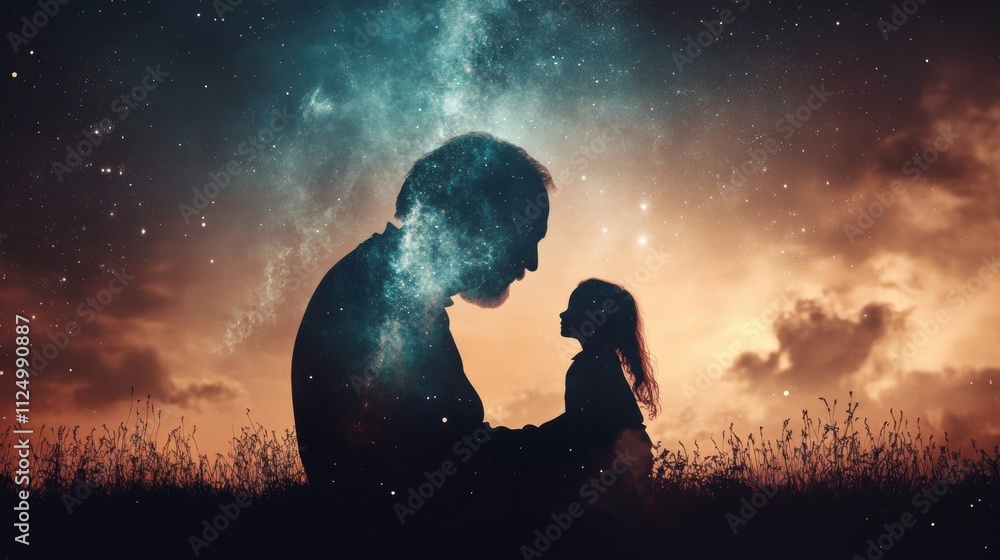 Grandfather and Child Silhouettes Sharing Cosmic Space Night Sky Digital Art Surreal Environment Emotional Bond Interstellar Wonder Grandfather and Child Silhouettes Sharing Cosmic Space Night Sky Digital Art Surreal Environment Emotional Bond Interstellar Wonder