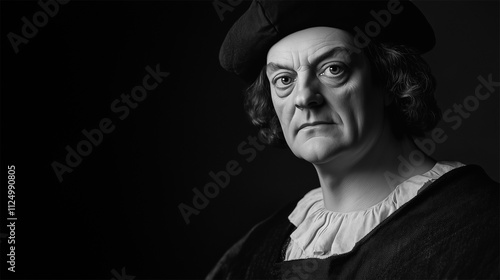 Grayscale AI facial reconstruction of Christopher Columbus based on Sebastiano del Piombo’s 1519 painting and contemporary historical descriptions.  
