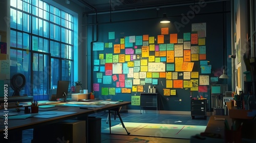 Creative Brainstorming Office with Colorful Sticky Notes on Wall