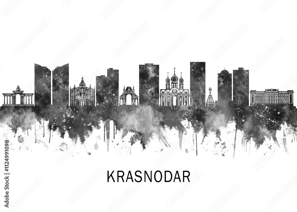 Krasnodar Russia Skyline BW, landscape watercolor abstract painting travel illustration urban art modern downtown landmarks skyscrapers artwork Krasnodar Russia Skyline BW, landscape watercolor abstract painting travel illustration urban art modern downtown landmarks skyscrapers artwork