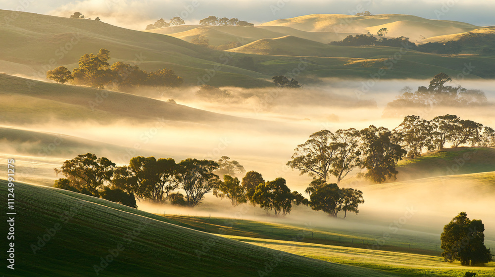 Obraz premium Early morning fields with mist hovering close to the ground.