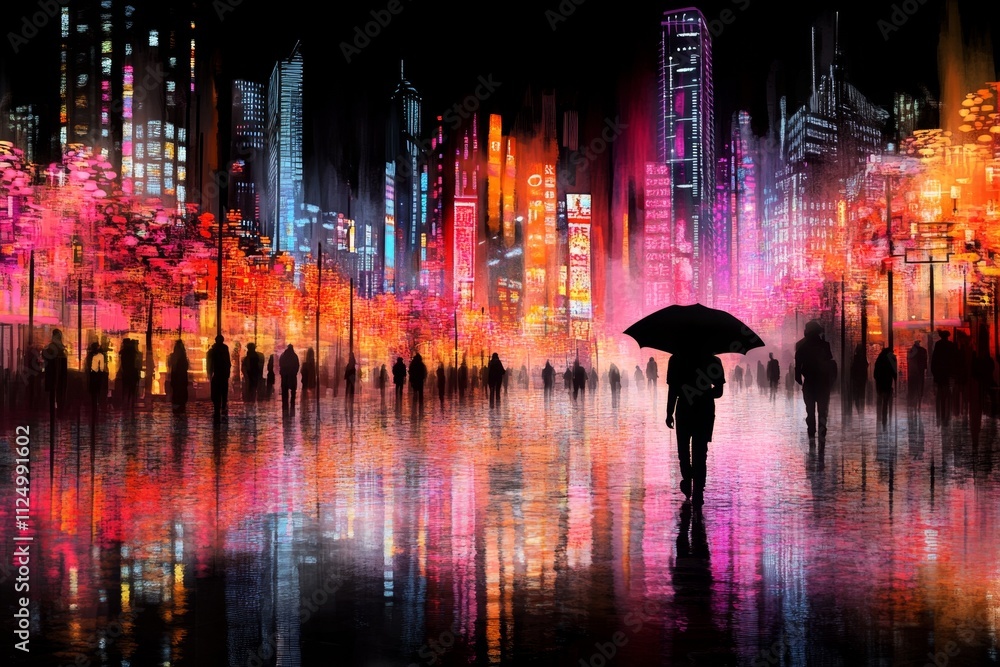 Obraz premium A vibrant watercolor depiction of a futuristic cityscape, with glowing neon lights and digital patterns weaving through the scene