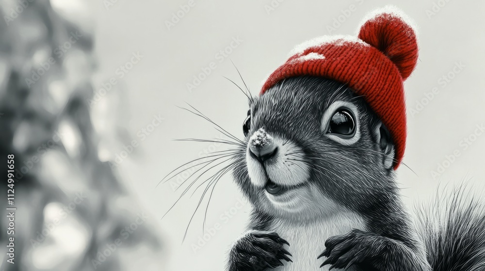 Squirrel in black and white with a small red hat, cartoon rendering, close-up view generative ai Squirrel in black and white with a small red hat, cartoon rendering, close-up view generative ai