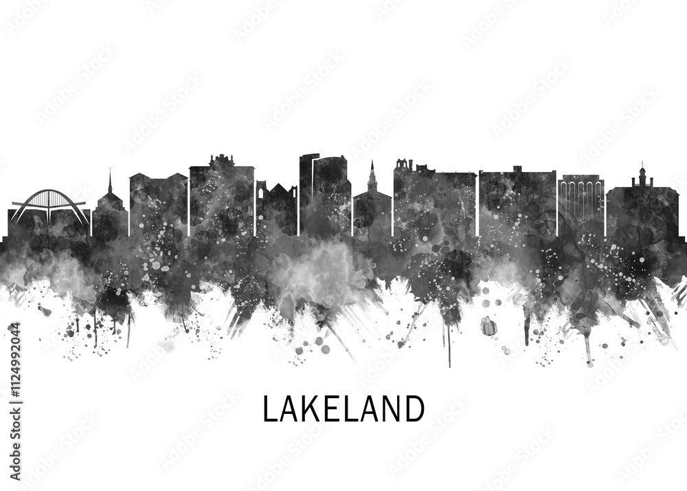 Lakeland USA Skyline BW, landscape watercolor abstract painting travel illustration urban art modern downtown landmarks skyscrapers artwork