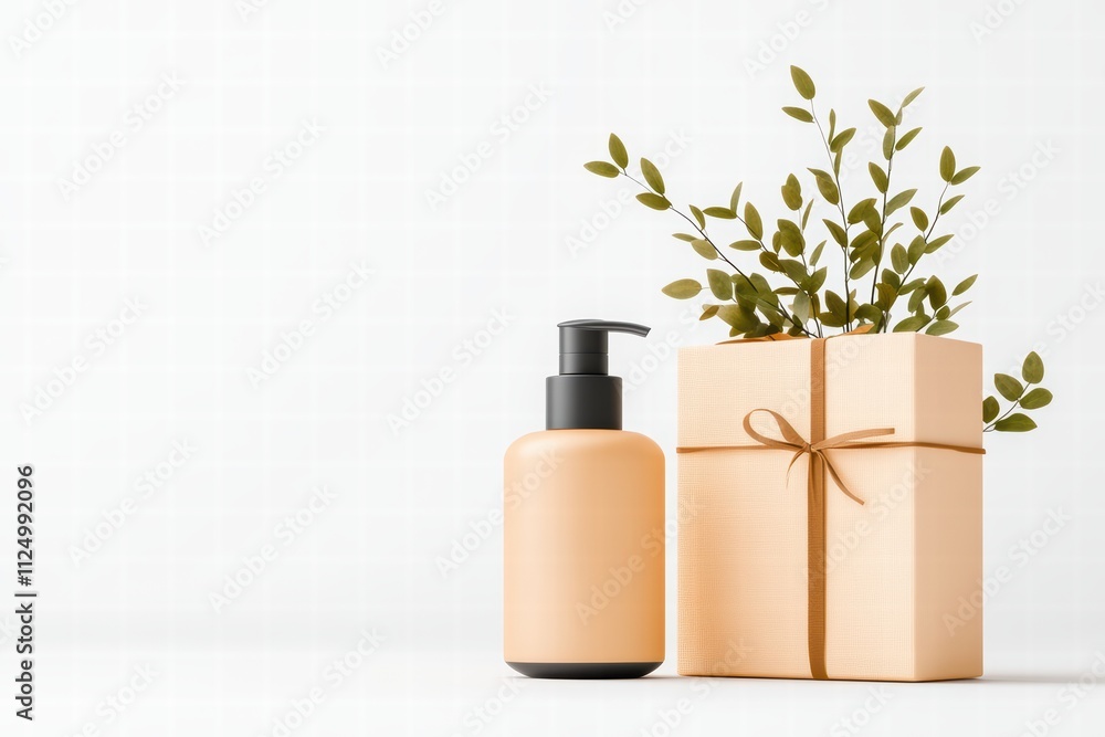 Stylish eco-friendly skincare product with a gift box and greenery for a refreshing and natural aesthetic. Stylish eco-friendly skincare product with a gift box and greenery for a refreshing and natural aesthetic.