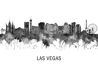 Fotobehang Aquarelschilderij wolkenkrabber  Las Vegas skyline aquarel zwart-wit  © Towseef Dar