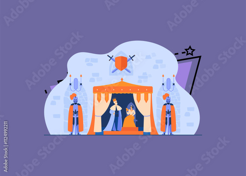 Medieval king and queen on throne under guard of knights in armors in castle interior. Vector illustration for kingdom, medieval age, fairytale concept