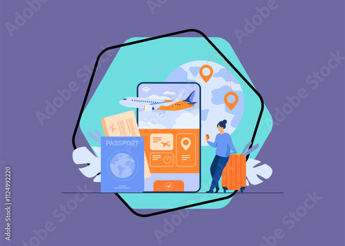 Online app for tourism. Traveler with mobile phone and passport booking or buying plane ticket. Flat illustration for vacation, digital technology, trip concept